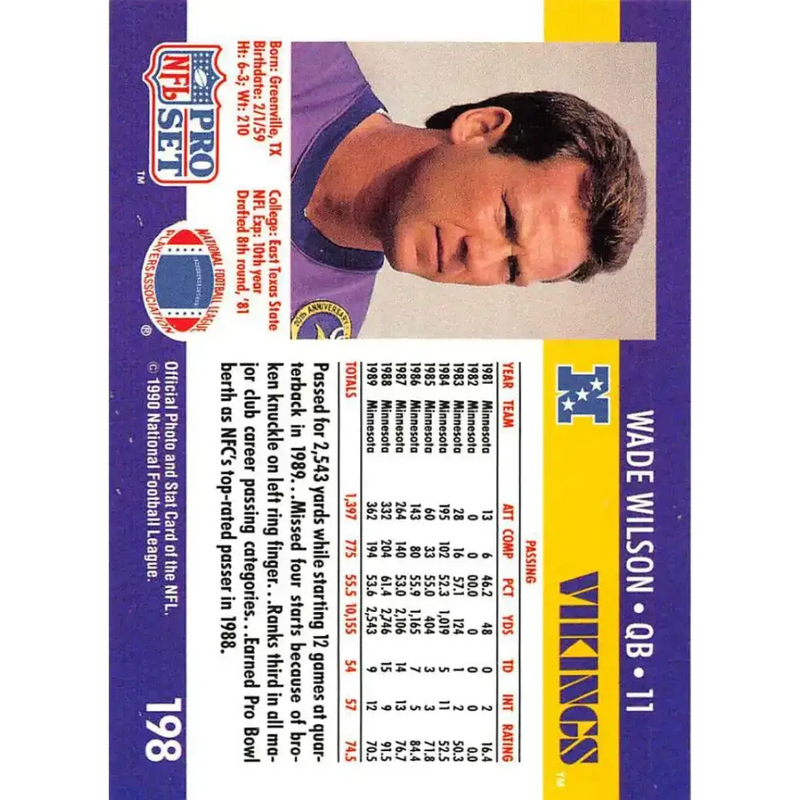 1990 Pro Set #198 Wade Wilson NM-MT Minnesota Vikings Football Card - Football Card Single