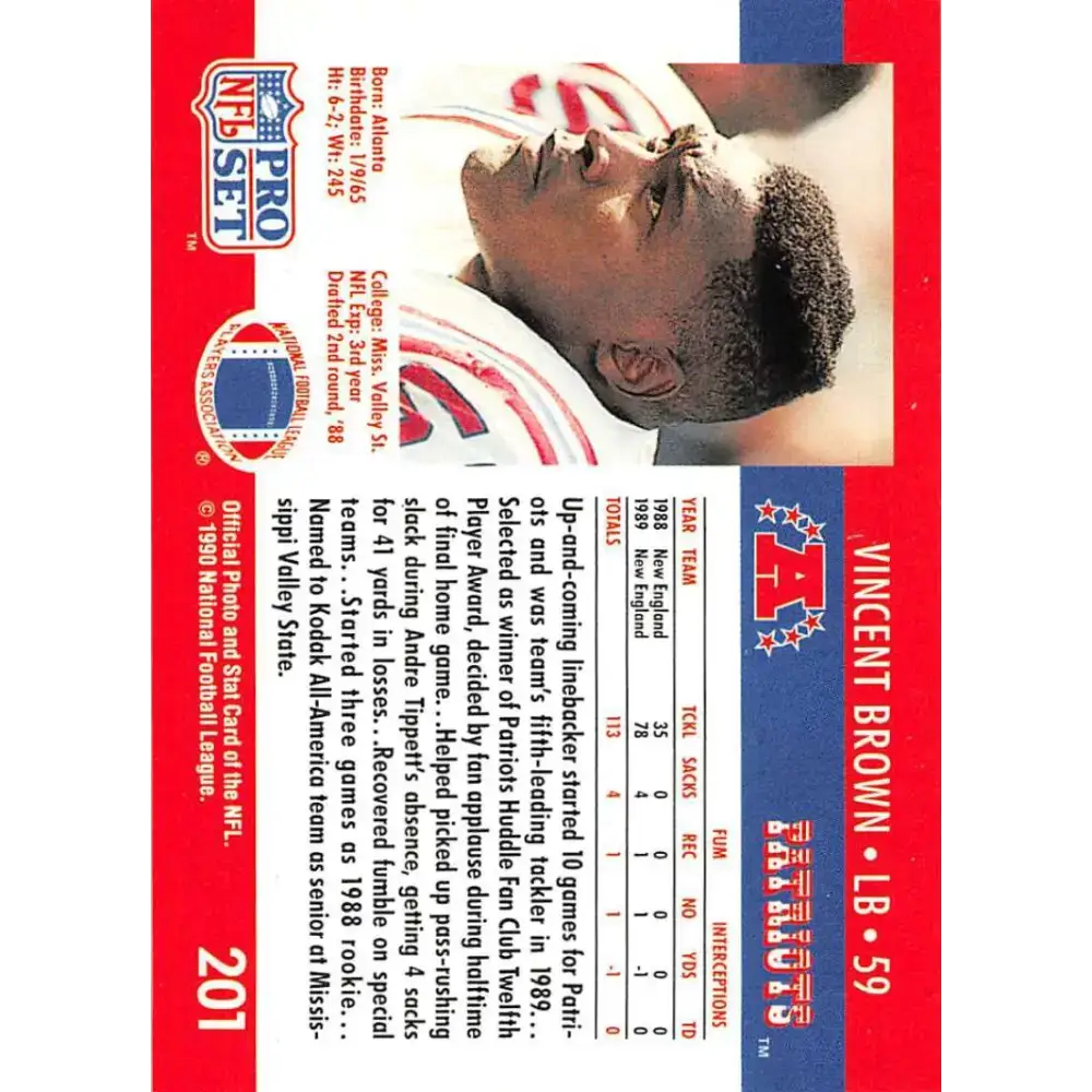 1990 Pro Set #201 Vincent Brown NM-MT RC Rookie New England Patriots Football Card - Football Card Single