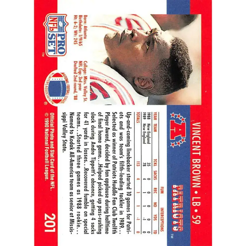 1990 Pro Set #201 Vincent Brown NM-MT RC Rookie New England Patriots Football Card - Football Card Single