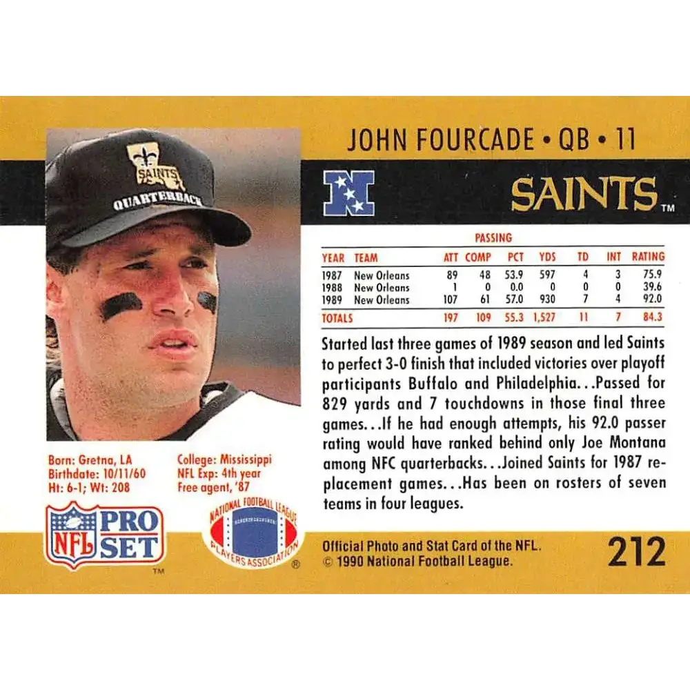 1990 Pro Set #212 John Fourcade NM-MT New Orleans Saints Football Card - Football Card Single