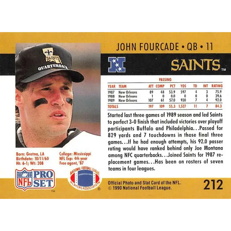 1990 Pro Set #212 John Fourcade NM-MT New Orleans Saints Football Card - Football Card Single