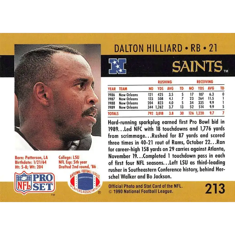 1990 Pro Set #213 Dalton Hilliard NM-MT New Orleans Saints Football Card - Football Card Single