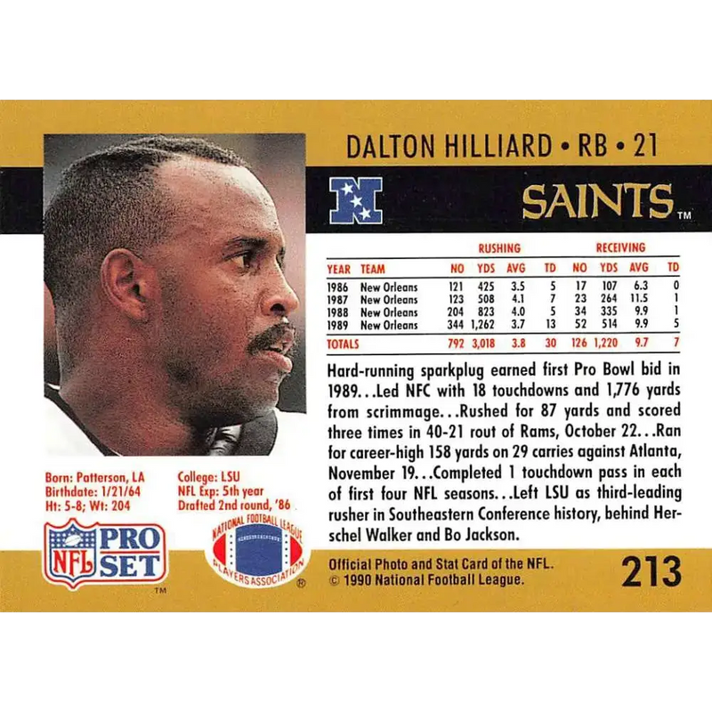 1990 Pro Set #213 Dalton Hilliard NM-MT New Orleans Saints Football Card - Football Card Single