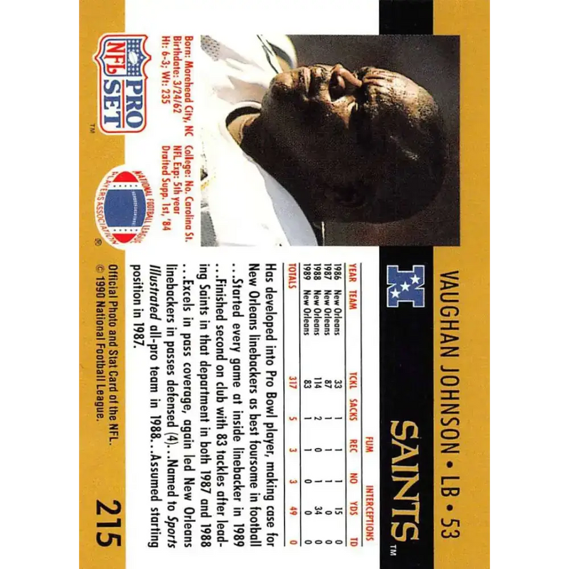 1990 Pro Set #215 Vaughan Johnson NM-MT New Orleans Saints Football Card - Football Card Single