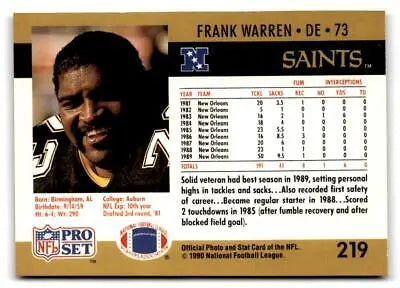 Frank Warren football card from 1990 Pro Set #219 trading cards collection