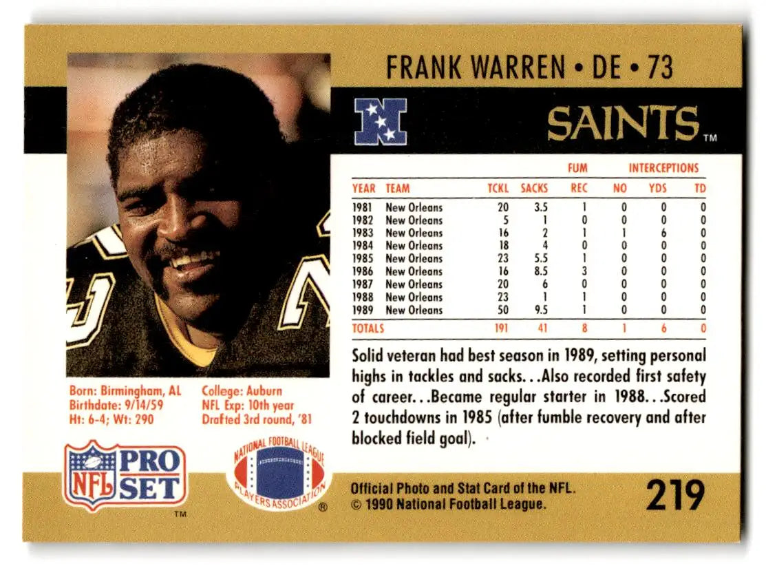 1990 Pro Set #219 Frank Warren - Football Card Single