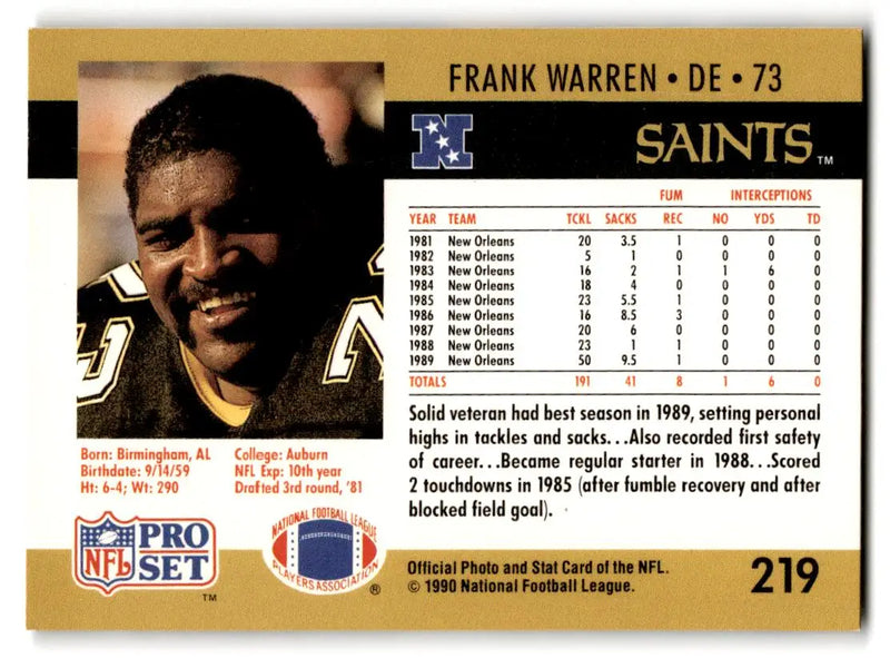 1990 Pro Set #219 Frank Warren - Football Card Single