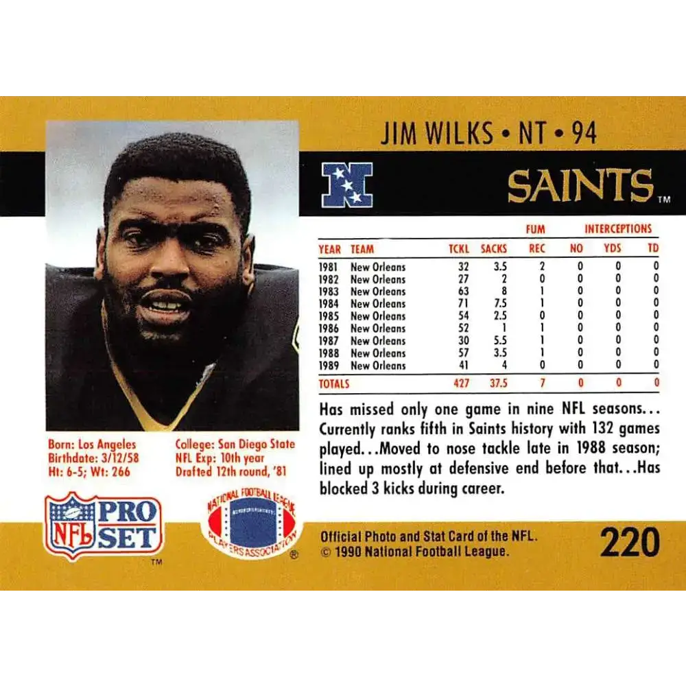 1990 Pro Set #220 Jim Wilks NM-MT New Orleans Saints Football Card - Football Card Single