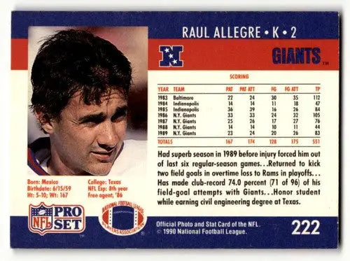 Pro Set Raul Allegre Giants Football card from 1990 for collectibles and trading cards