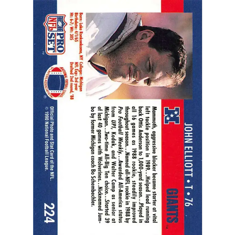1990 Pro Set #224 John Elliott NM-MT New York Giants Football Card - Football Card Single