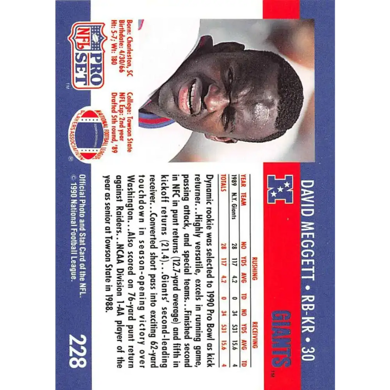 1990 Pro Set #228 Dave Meggett NM-MT New York Giants Football Card - Football Card Single