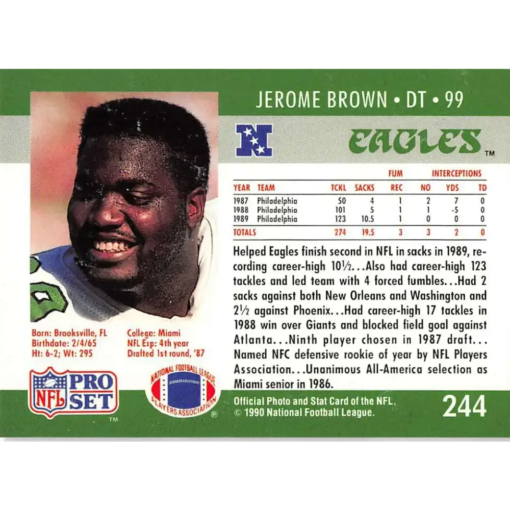 1990 Pro Set #244 Jerome Brown NM-MT Philadelphia Eagles Football Card - Football Card Single
