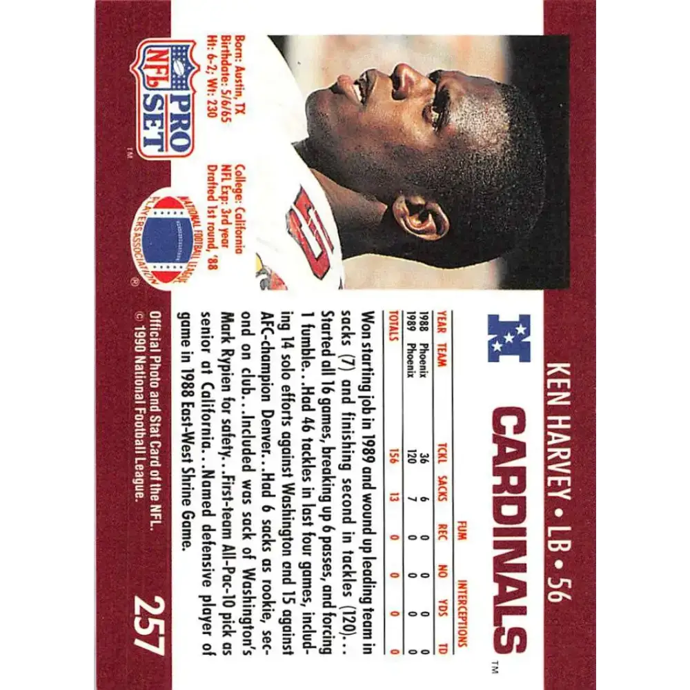 1990 Pro Set #257 Ken Harvey NM-MT RC Rookie Phoenix Cardinals Football Card - Football Card Single