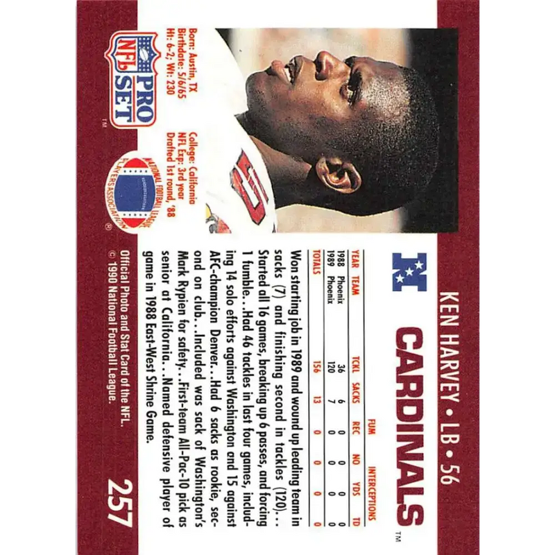 1990 Pro Set #257 Ken Harvey NM-MT RC Rookie Phoenix Cardinals Football Card - Football Card Single