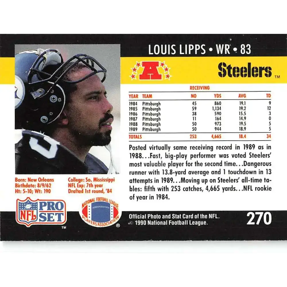 1990 Pro Set #270 Louis Lipps NM-MT Pittsburgh Steelers Football Card - Football Card Single