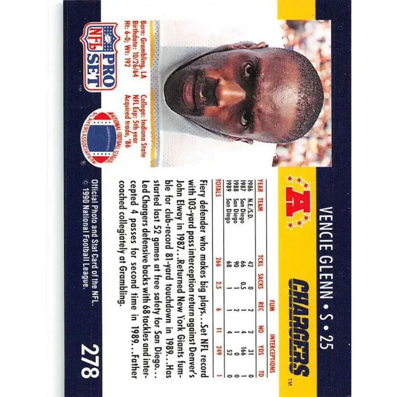 1990 Pro Set #278 Vencie Glenn NM-MT San Diego Chargers Football Card - Football Card Single