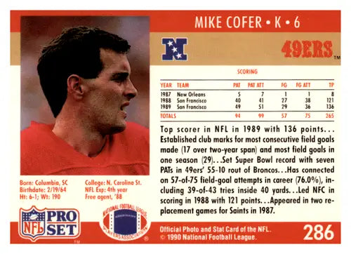 Original gloss 1990 Pro Set Mike Cofer football card for San Francisco 49ers