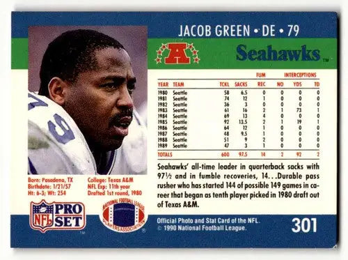 Jacob Green Seattle Seahawks football card from 1990 Pro Set #301, EX/NM condition