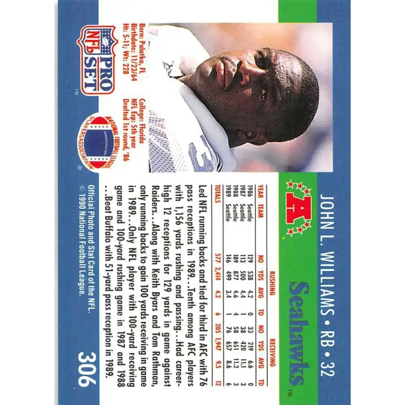 1990 Pro Set #306 John L. Williams NM-MT Seattle Seahawks Football Card - Football Card Single