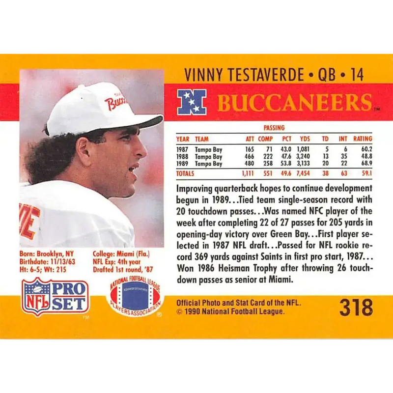 1990 Pro Set #318 Vinny Testaverde NM-MT Tampa Bay Buccaneers Football Card - Football Card Single
