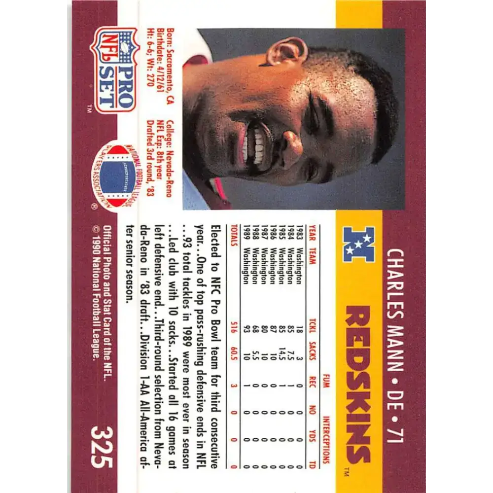 1990 Pro Set #325 Charles Mann NM-MT Washington Redskins Football Card - Football Card Single