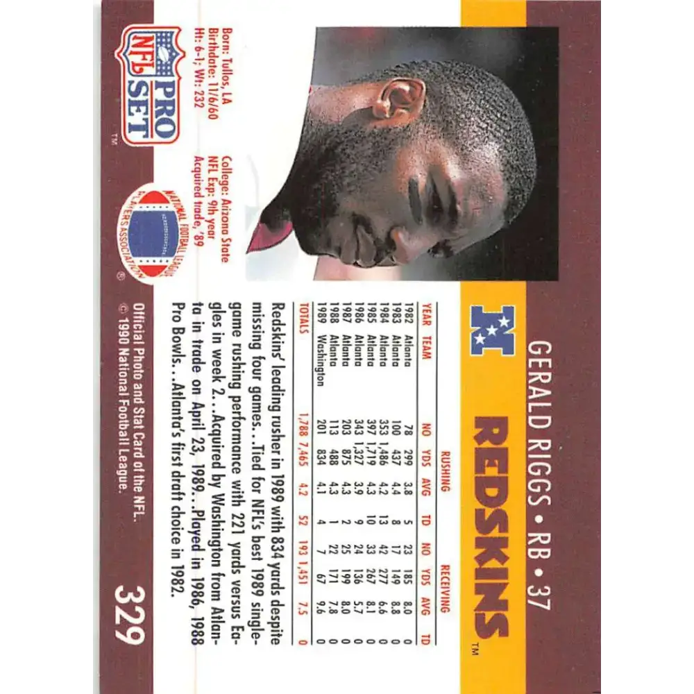 1990 Pro Set #329 Gerald Riggs NM-MT Washington Redskins Football Card - Football Card Single