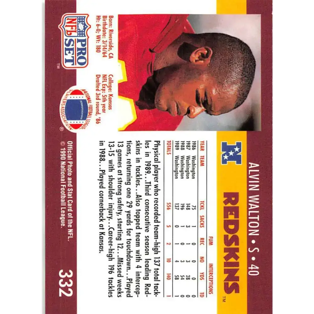 1990 Pro Set #332 Alvin Walton NM-MT Washington Redskins Football Card - Football Card Single