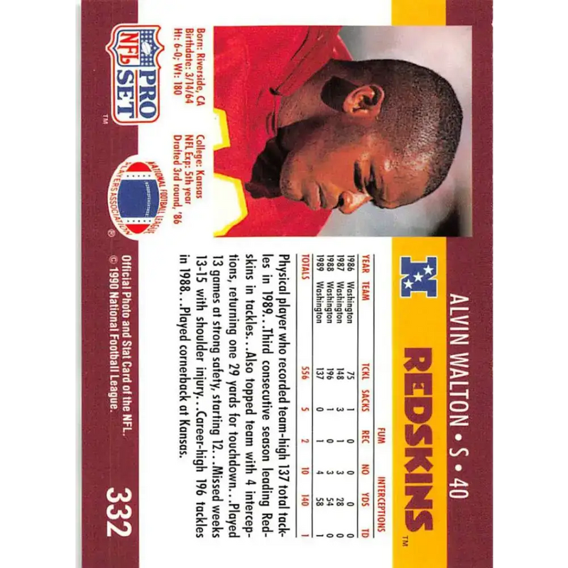 1990 Pro Set #332 Alvin Walton NM-MT Washington Redskins Football Card - Football Card Single
