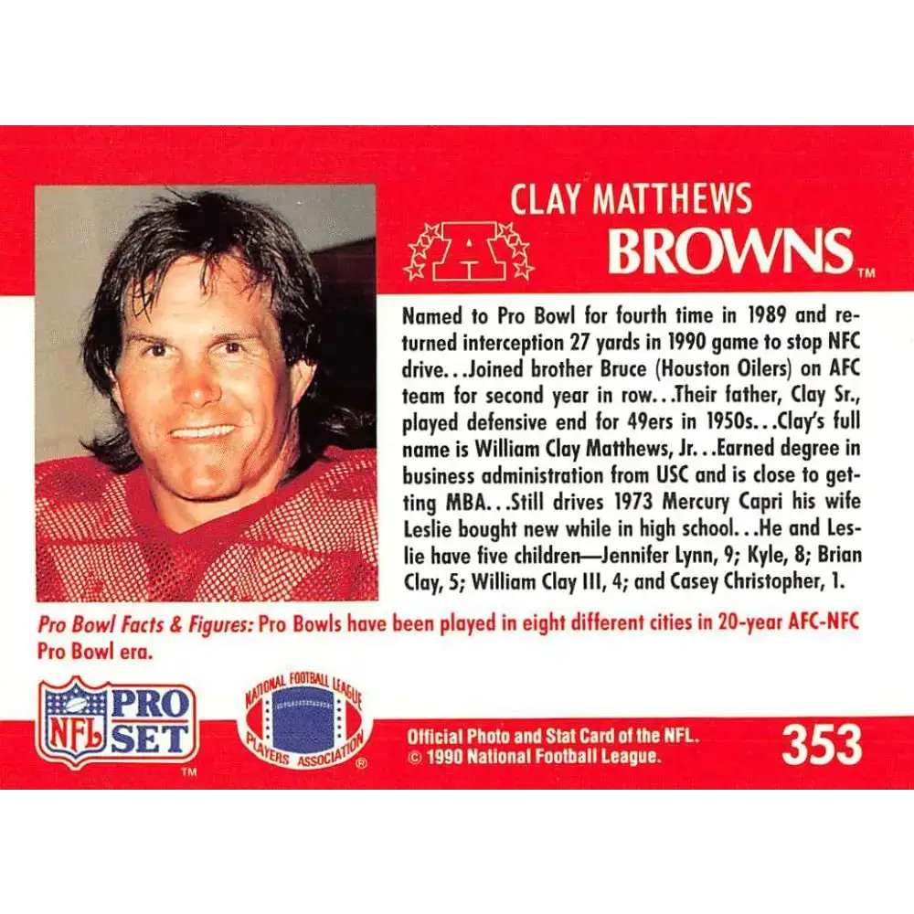 1990 Pro Set #353 Clay Matthews NM-MT Cleveland Browns Football Card - Football Card Single