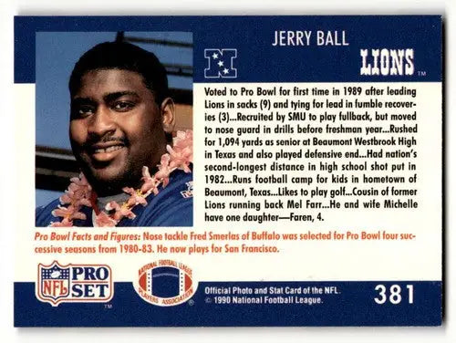 Original gloss Jerry Ball Detroit football card from 1990 Pro Set #381 featuring Ball Detroit Lions