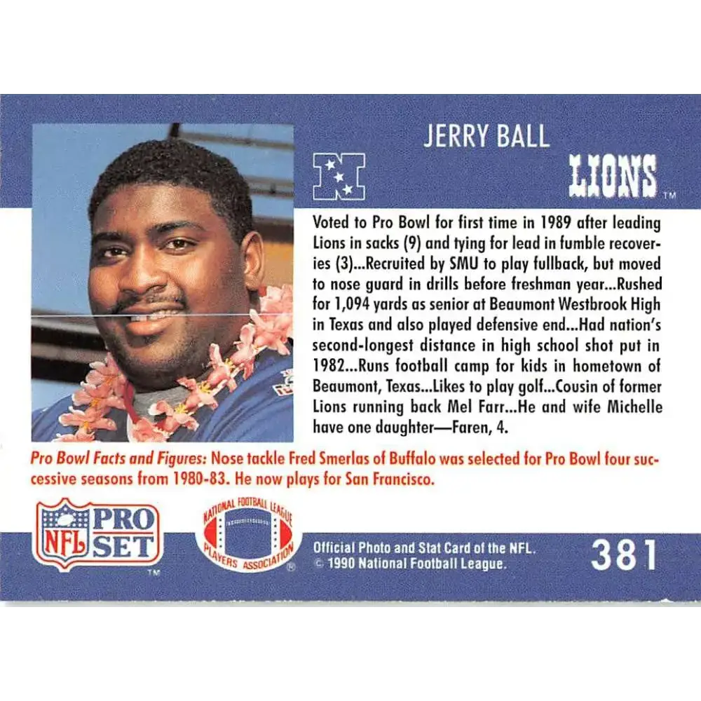 1990 Pro Set #381 Jerry Ball NM-MT Detroit Lions Football Card - Football Card Single