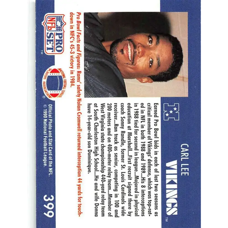 1990 Pro Set #399 Carl Lee NM-MT Minnesota Vikings Football Card - Football Card Single