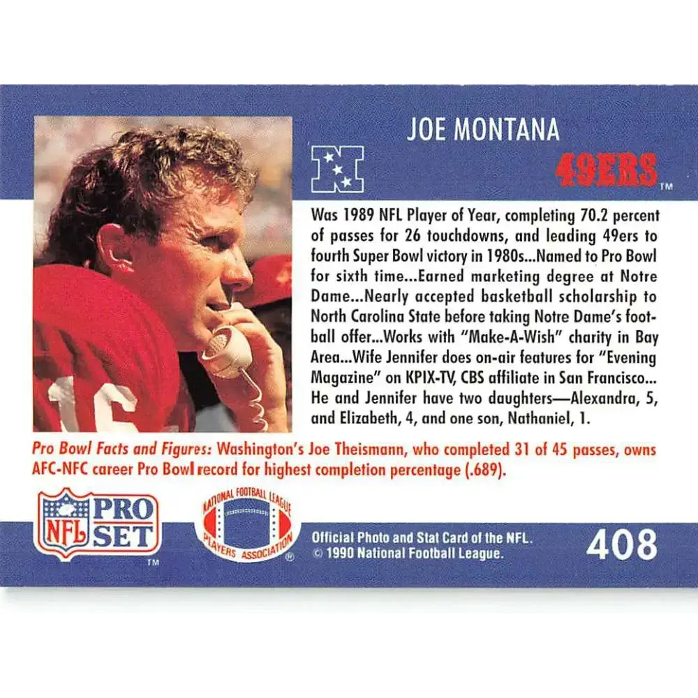 1990 Pro Set #408 Joe Montana NM-MT San Francisco 49ers Football Card - Football Card Single