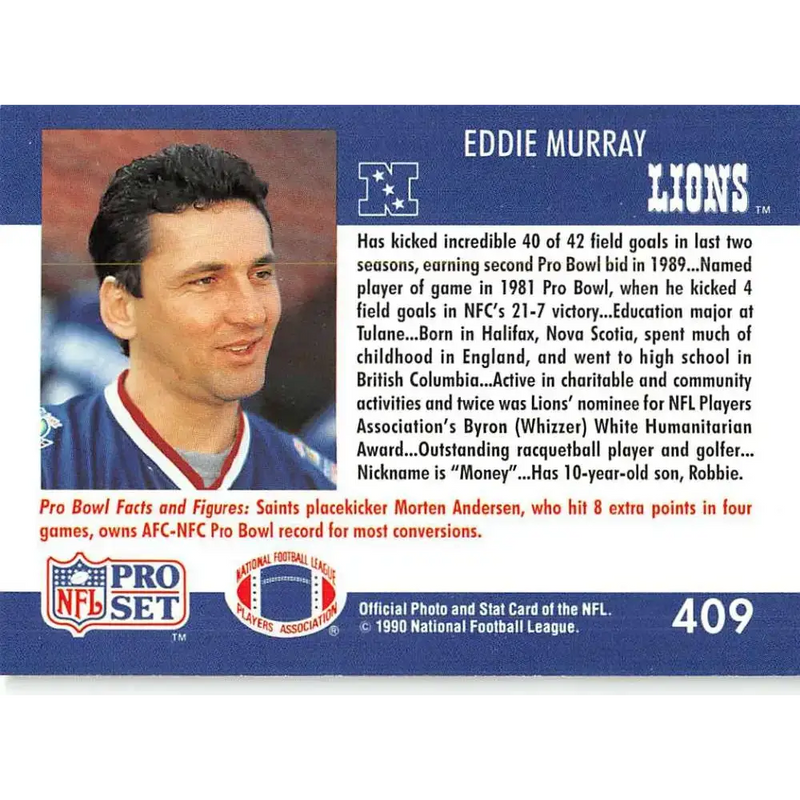 1990 Pro Set #409 Eddie Murray NM-MT Detroit Lions Football Card - Football Card Single