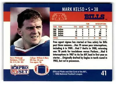 NFL trading card of Mark Kelso in dark jersey from 1990 Pro Set collection