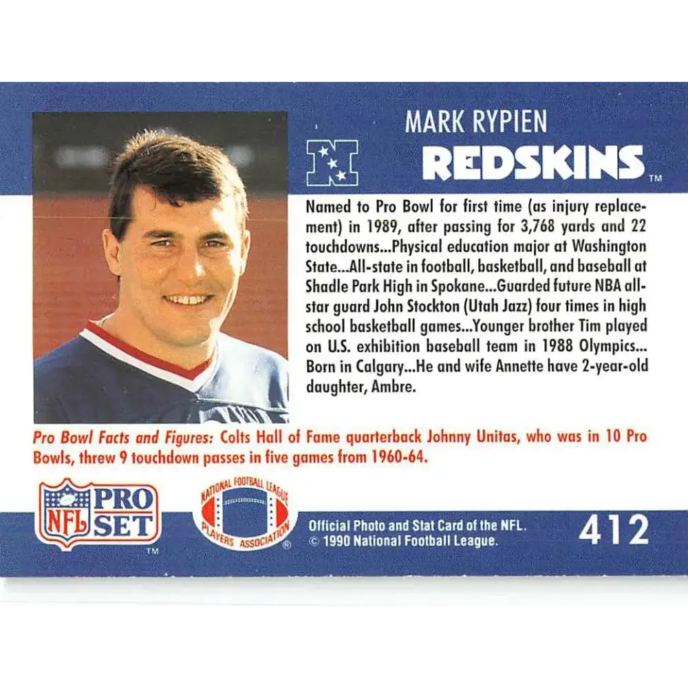 1990 Pro Set #412 Mark Rypien NM-MT Washington Redskins Football Card - Football Card Single