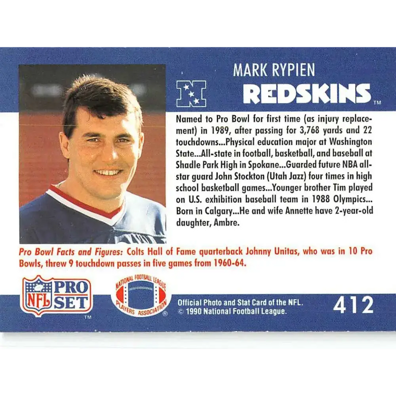 1990 Pro Set #412 Mark Rypien NM-MT Washington Redskins Football Card - Football Card Single