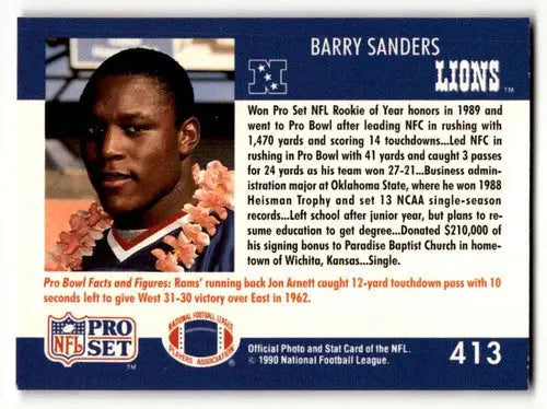 1990 Pro Set #413 Barry Sanders Detroit Lions Football Cards EX/NM ID:60170 - Football Card Single