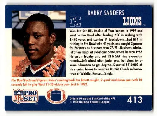 1990 Pro Set #413 Barry Sanders Detroit Lions Football Cards EX/NM ID:62966 - Football Card Single