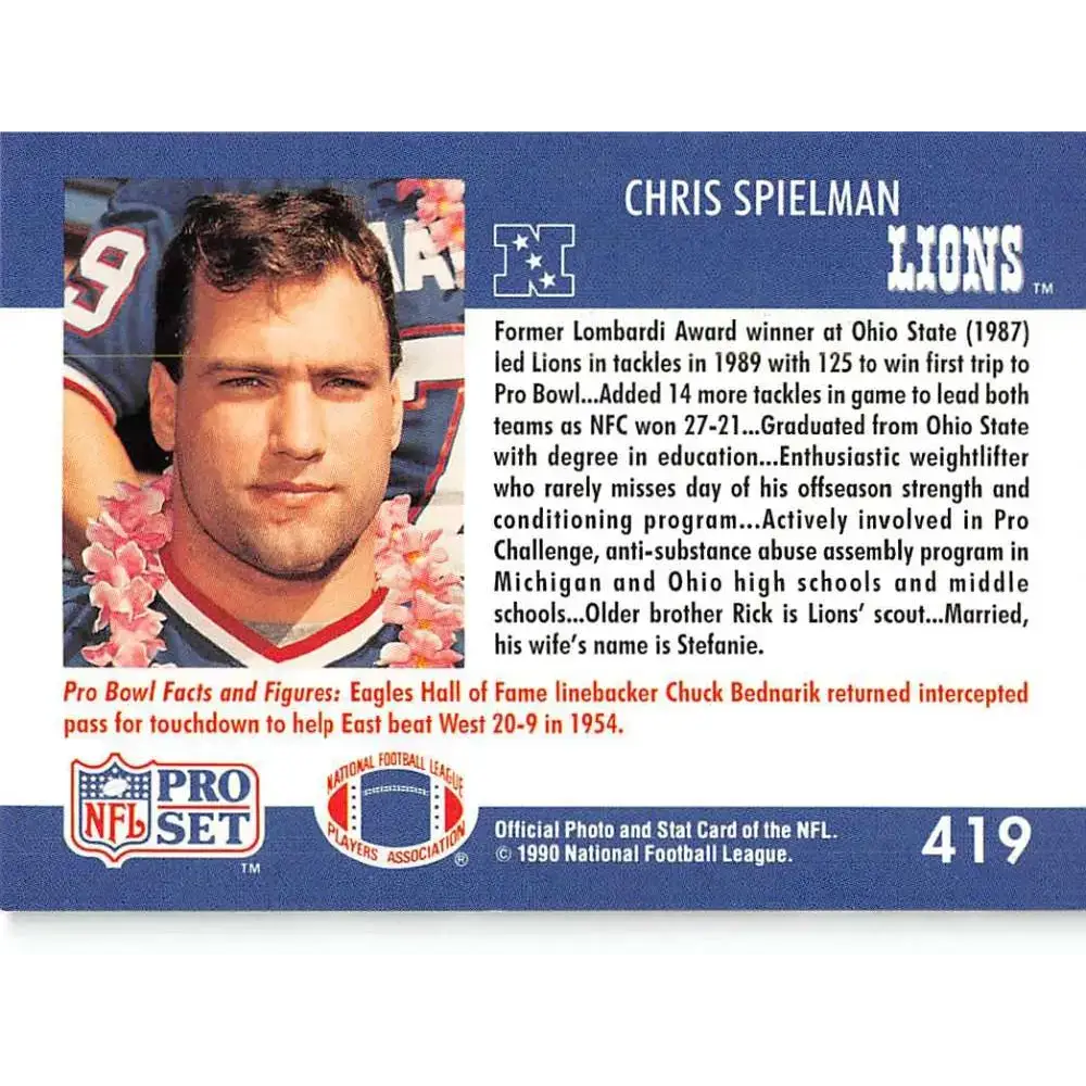 1990 Pro Set #419 Chris Spielman NM-MT Detroit Lions Football Card - Football Card Single