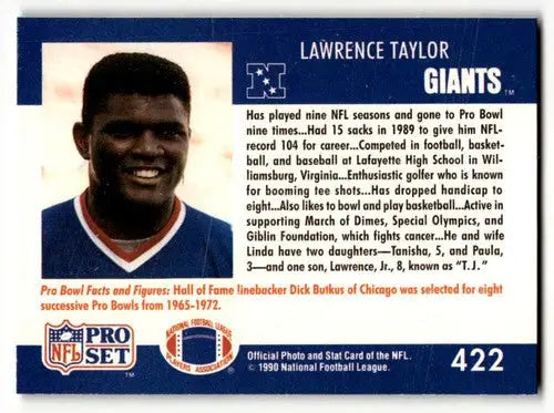 Original gloss 1990 Pro Set Lawrence Taylor football card New York Giants