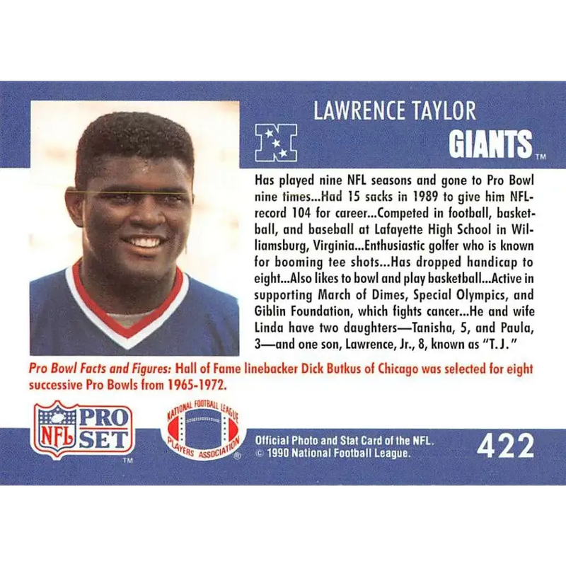 1990 Pro Set #422 Lawrence Taylor NM-MT New York Giants Football Card - Football Card Single