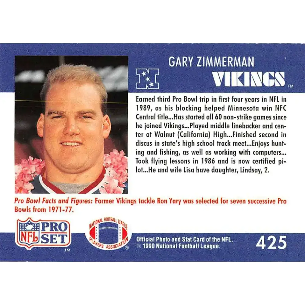 1990 Pro Set #425 Gary Zimmerman NM-MT Minnesota Vikings Football Card - Football Card Single