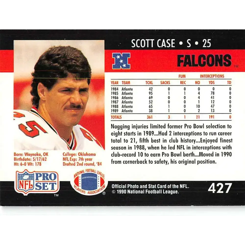 1990 Pro Set #427 Scott Case NM-MT Atlanta Falcons Football Card - Football Card Single