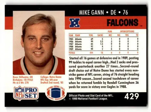Mike Gann Atlanta football card from 1990 Pro Set Atlanta Falcons football collection
