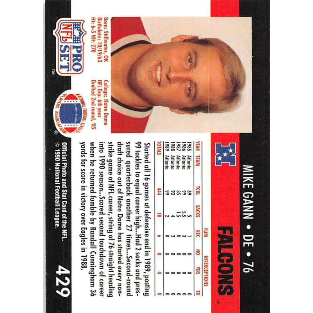 1990 Pro Set #429 Mike Gann NM-MT Atlanta Falcons Football Card - Football Card Single