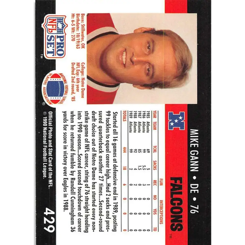 1990 Pro Set #429 Mike Gann NM-MT Atlanta Falcons Football Card - Football Card Single
