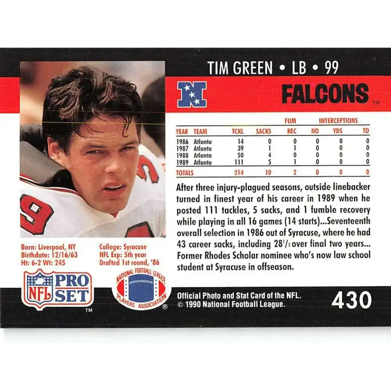 1990 Pro Set #430 Tim Green NM-MT RC Rookie Atlanta Falcons Football Card - Football Card Single