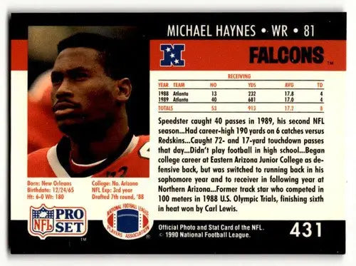 Michael Haynes Atlanta Falcons football card from 1990 Pro Set #431