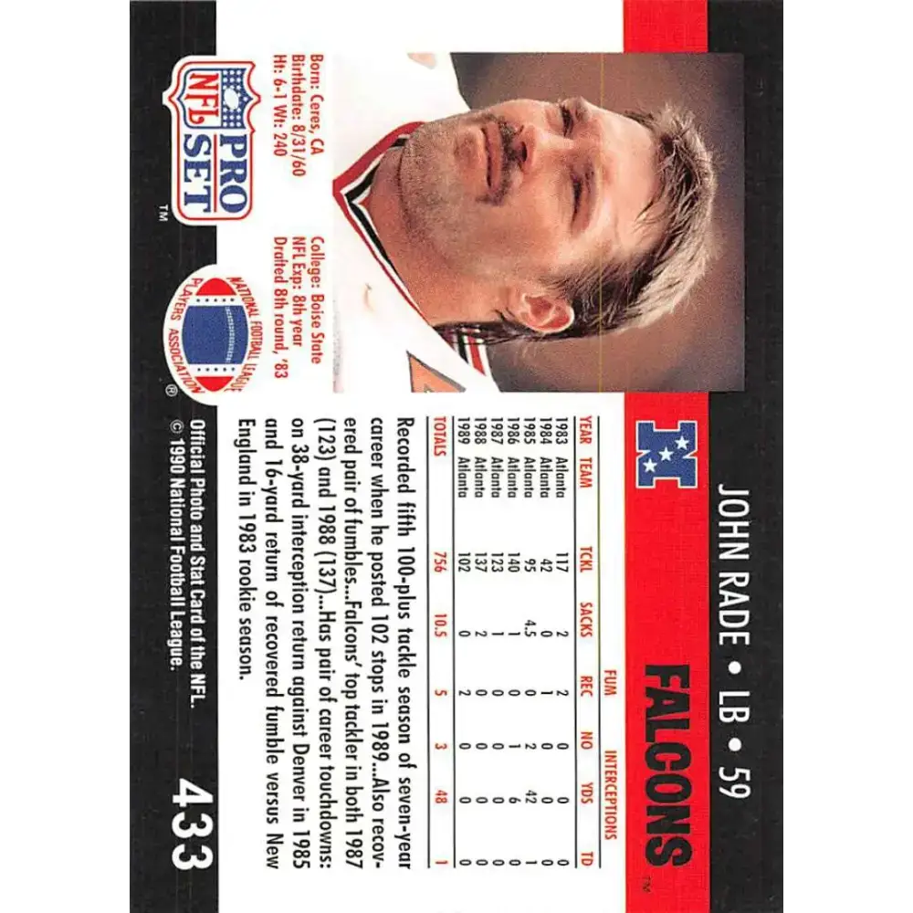 1990 Pro Set #433 John Rade NM-MT Atlanta Falcons Football Card - Football Card Single